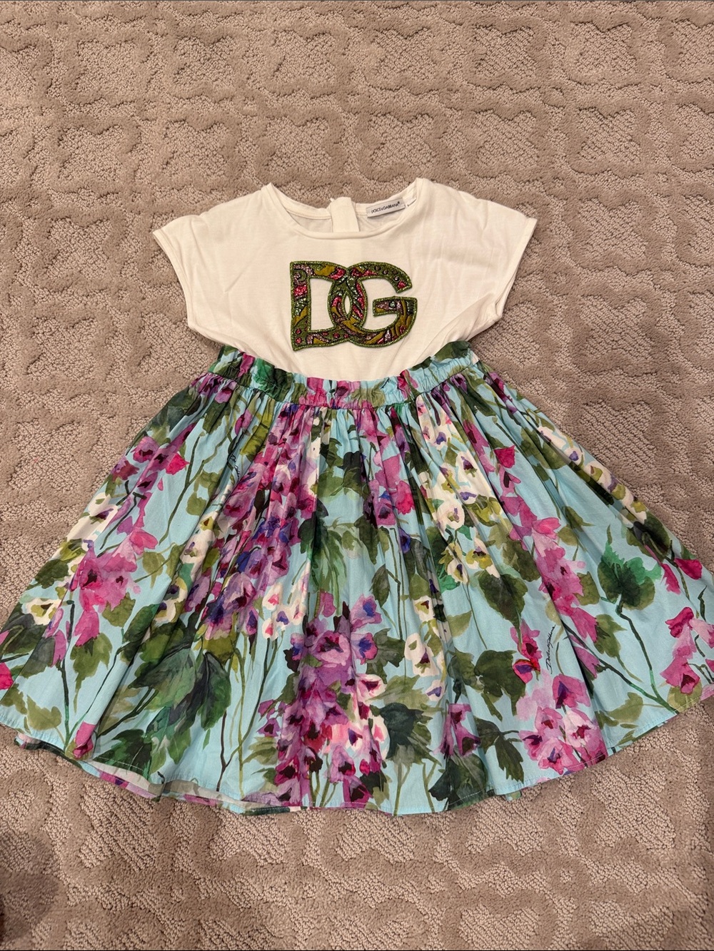 Dolce & Gabbana Cream Top with Blue Floral Skirt - Kids Dress